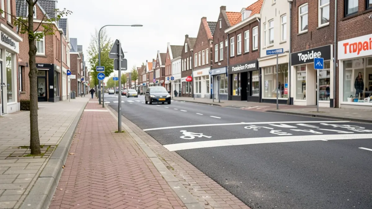 New pedestrian path and zebra crossing along the Steenweg (N405) in Denderleeuw near commercial establishments.