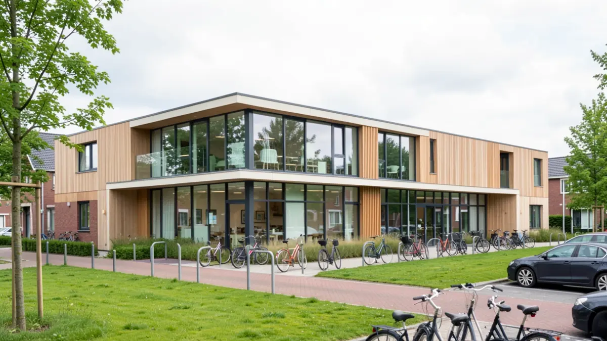 Generic image of a modern community center with large windows and a welcoming facade, surrounded by green areas and parking.