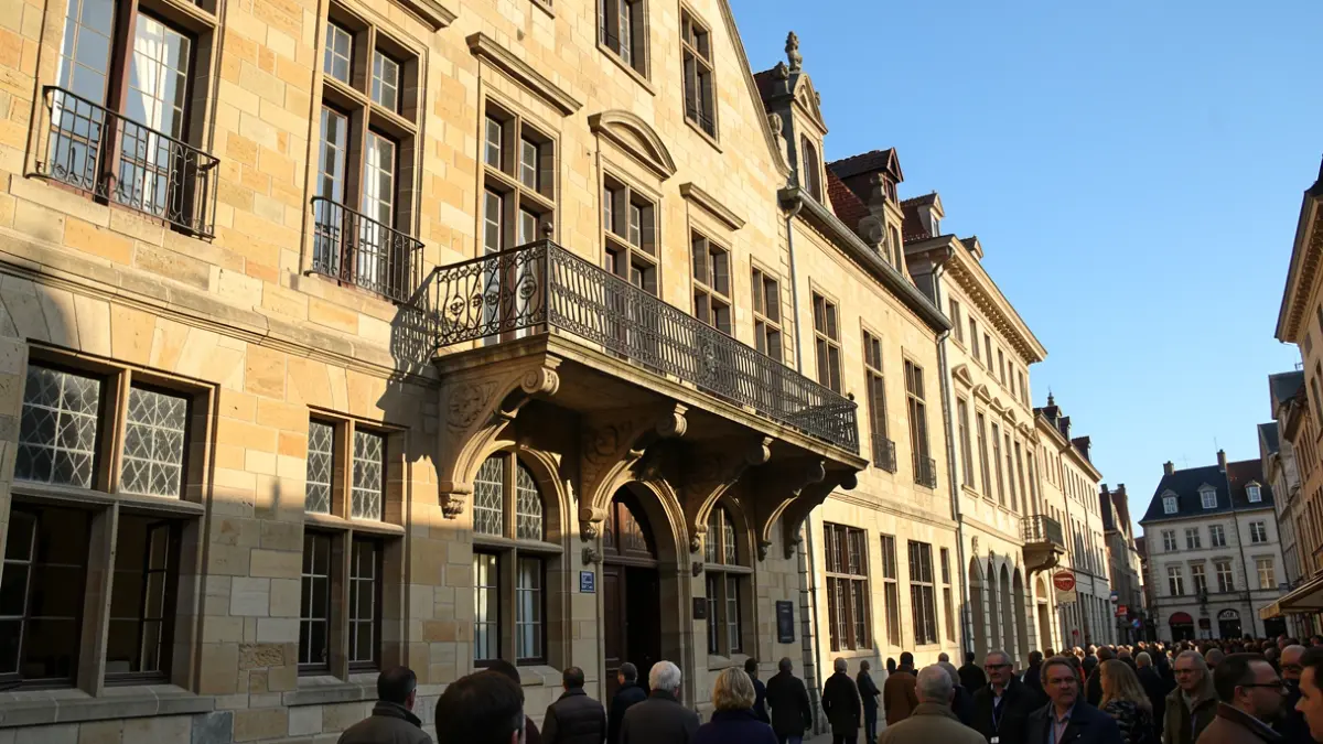 Generieke afbeelding van de gevel van een traditioneel Vlaams gemeentehuis met een sierlijke balkon en ijzeren balustrade, in warm middaglicht, met een blauwe hemel.