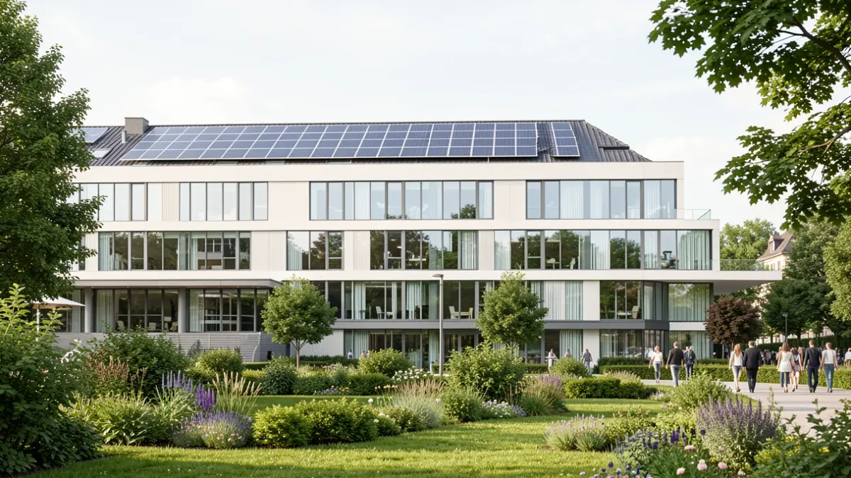 Moderne ziekenhuisgevel met grote ramen en zonnepanelen, omringd door groen en een park. De architectuur is duurzaam en gericht op een helende omgeving, zonder mensen of tekst.