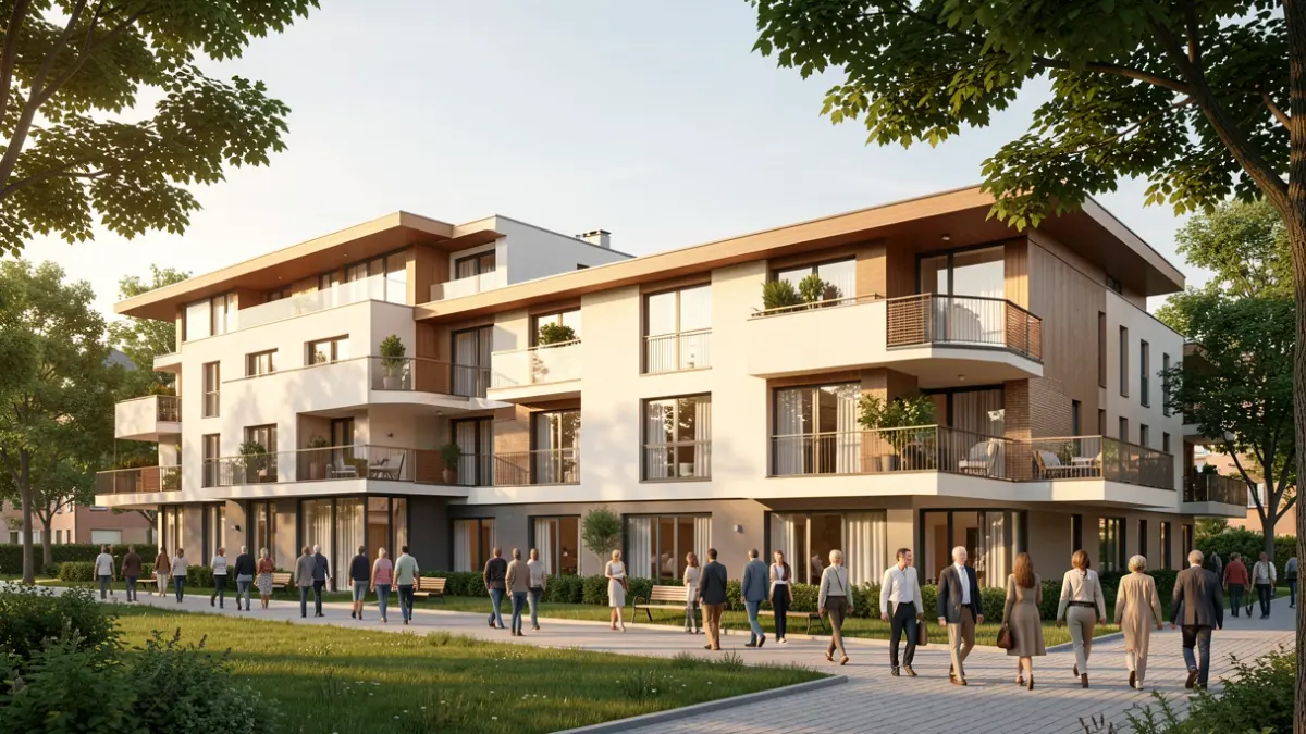 Generic image of a modern senior living complex with contemporary architecture, surrounded by green spaces. Warm sunlight on the facade.