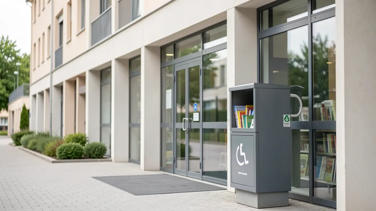 Exterior view of a modern library with a clear drop-off box for materials, in soft daylight.
