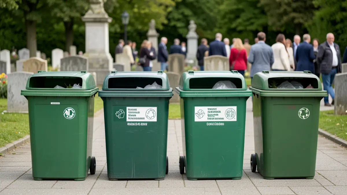 Generic image of four waste bins in a cemetery, with gravestones and greenery in the background.