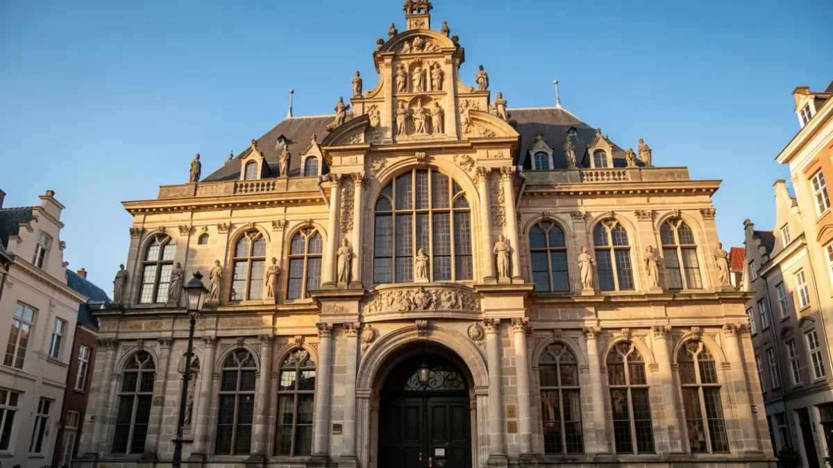 Generic image of the facade of a historic town hall in Flanders, with ornate stone carvings and a large arched entrance, bathed in the warm light of late afternoon, clear blue sky.