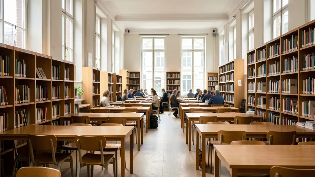 Interior of a modern library in Flanders with bookshelves and reading tables, without staff or visitors.