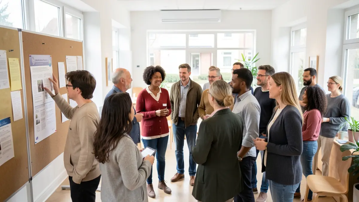 Generic image of a diverse group of people conversing in a community space, focusing on interaction and learning.