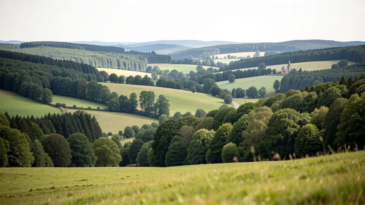 Generieke afbeelding van een beschermd landschap in de Vlaamse Ardennen met heuvels, bossen en een kapel in de verte.