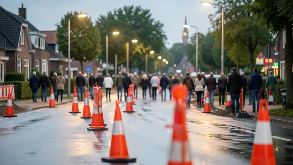 Generic image of a construction site on a road in Flanders, with orange traffic cones and barriers, wet asphalt reflecting streetlights, blurred background of houses and trees.