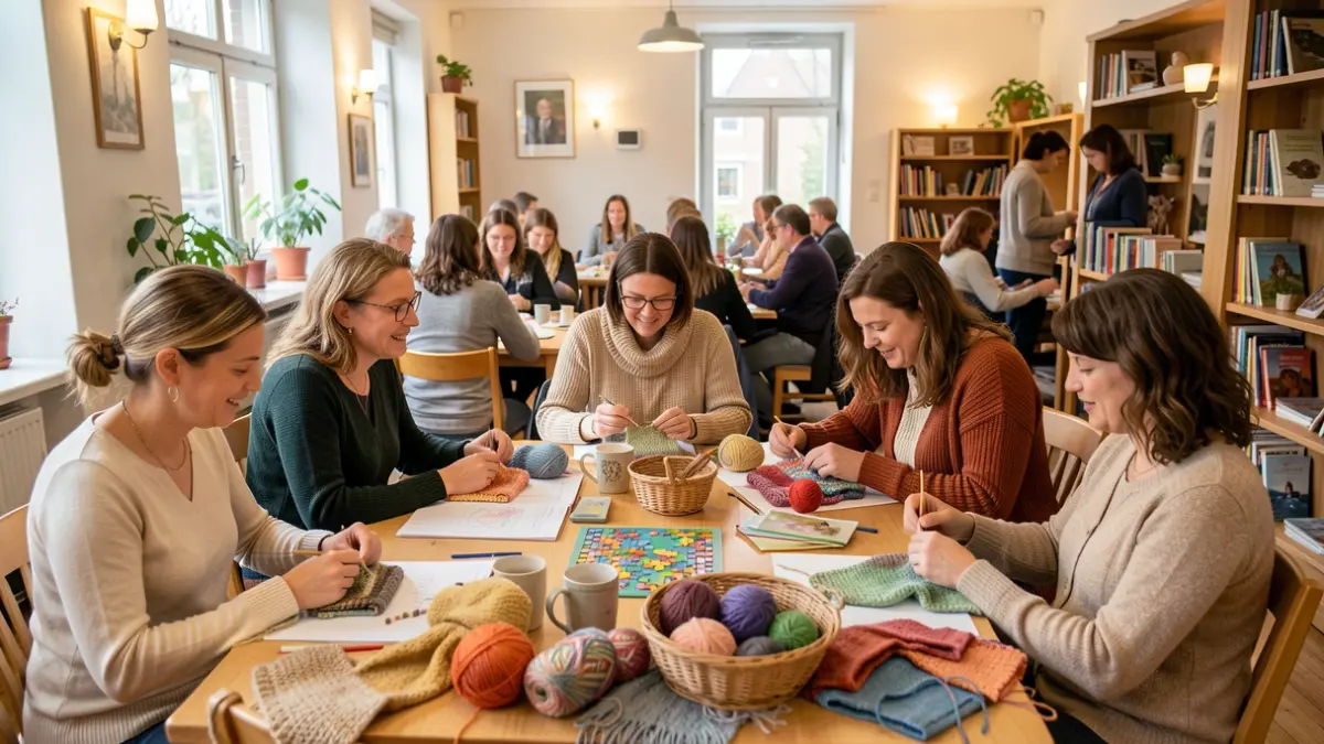 Generieke afbeelding van een groep diverse vrouwen die creatieve activiteiten doen in een gezellige gemeenschapsruimte.