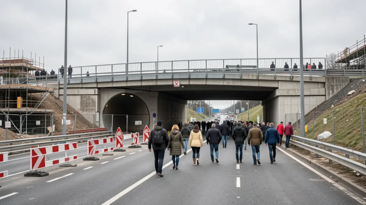 Generieke afbeelding van een bouwplaats met een nieuwe verkeerswisselaar en een fietstunnel onder een weg, met tijdelijke verkeersomleidingen en barrières, bewolkte hemel.