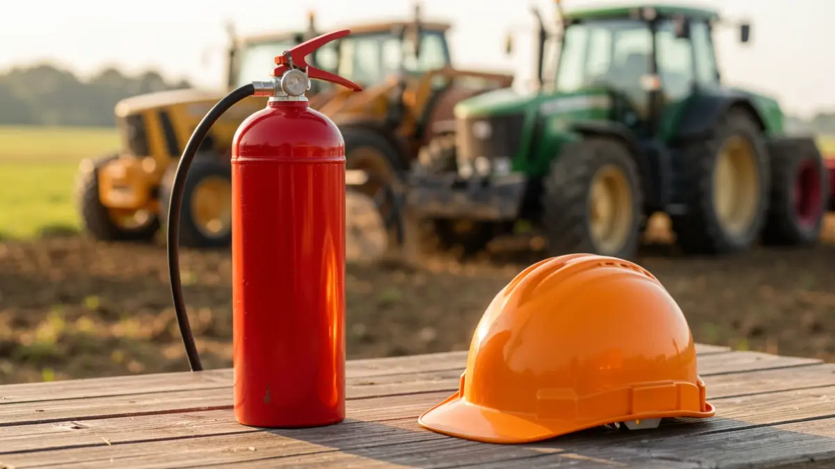 Generic image of a fire extinguisher and a safety helmet on a wooden surface, with blurred agricultural machinery in the background. Warm, natural lighting.