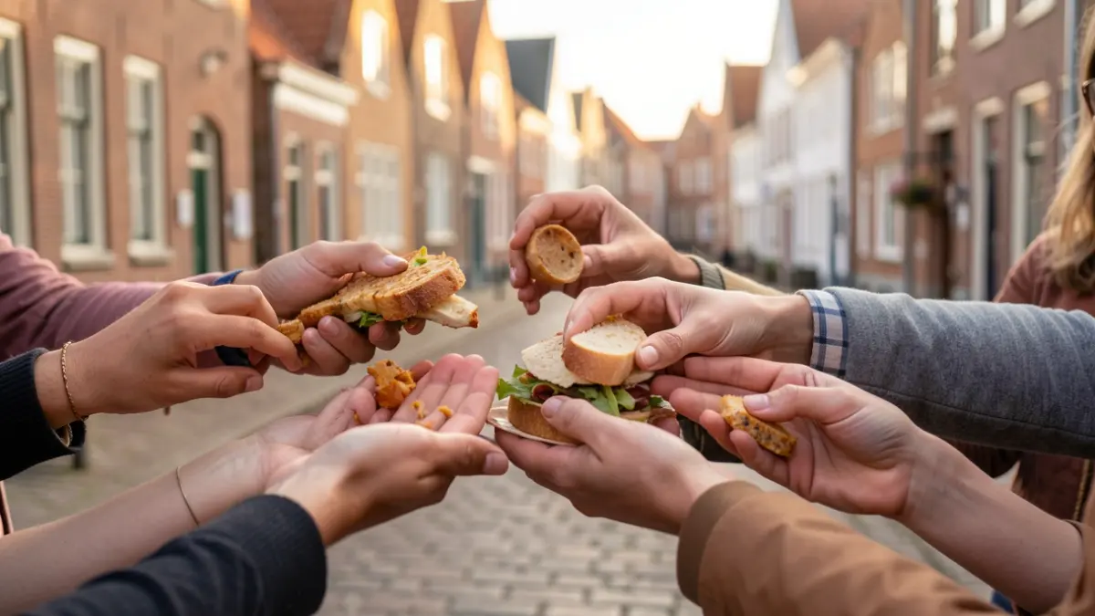Generic image of a collage of diverse hands reaching out, some holding food items, others offering support, set against a blurred background of community buildings in Flanders. Warm, hopeful lighting.