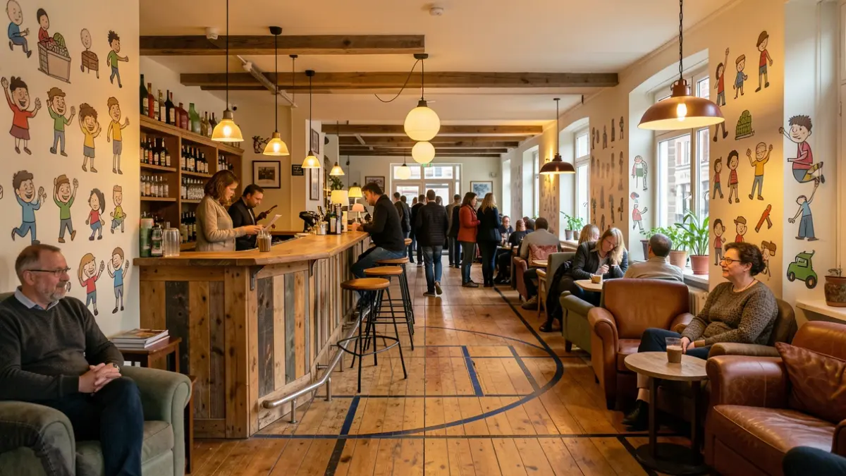 Interior of a cozy and inviting cultural center foyer in Flanders, featuring a bar made from reclaimed materials like an old Antwerp basketball floor, warm lighting, and walls decorated with cartoons by local designers. The atmosphere is welcoming and relaxed, with comfortable seating areas.