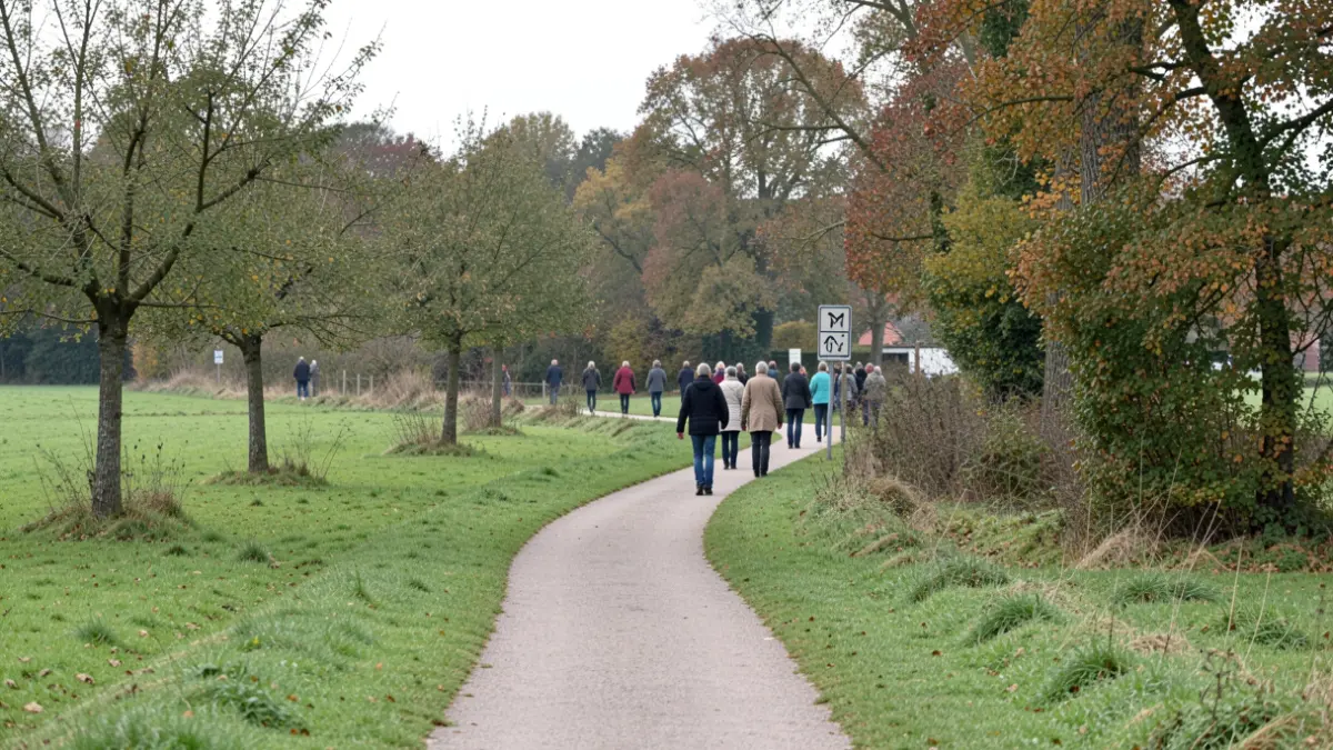 Een wandelpad door een groen Vlaams landschap met herfstkleuren en een wegwijzer met symbolen.