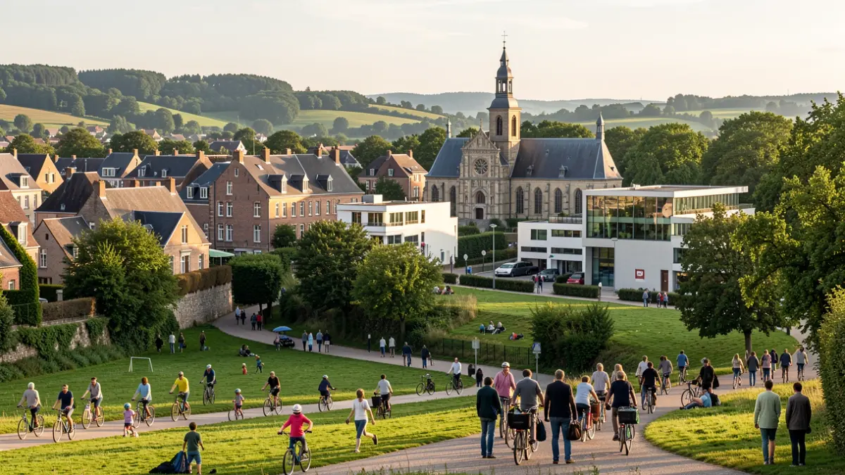 Een visuele samenvatting van de gemeente Ravels, met historische gebouwen, groene landschappen en scènes van het dagelijks leven.