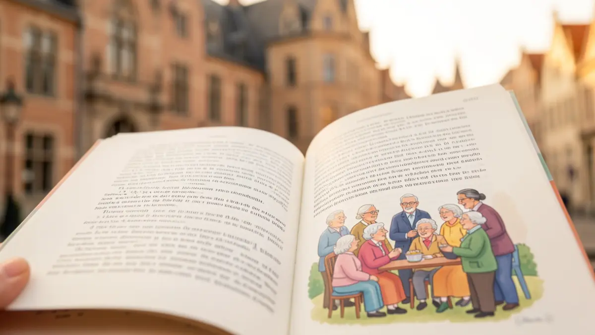 Generic image of an open guide with large print and an illustration of seniors, against a blurred background of a town hall.