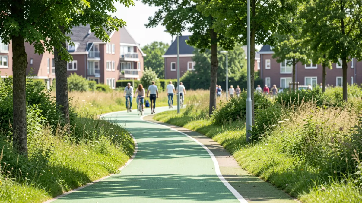 Een groene, kronkelende pad voor fietsers en voetgangers in Avelgem, die groene ruimtes en woonwijken verbindt.