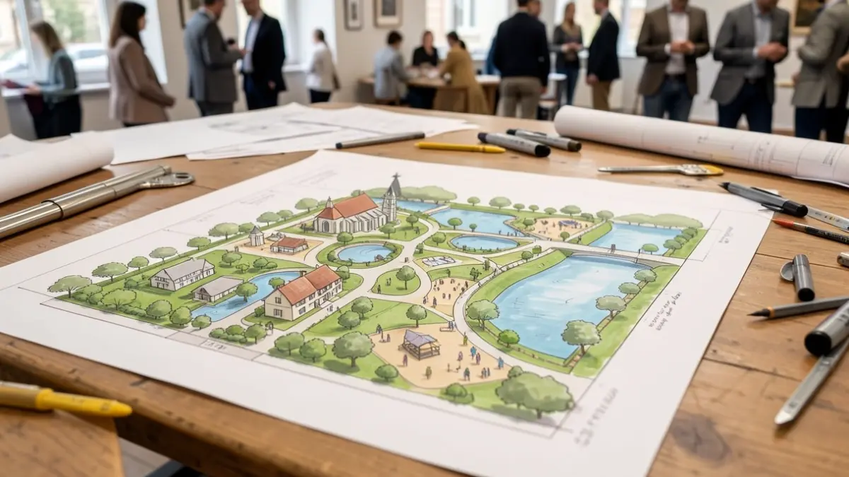 Generic image of a detailed architectural drawing of a planned green zone with nature, water management, and recreational areas, on a wooden table with design tools.
