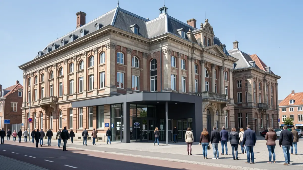 Generieke afbeelding: nu politiehoofdzetel, met een moderne nieuwbouw aan de voorzijde.
