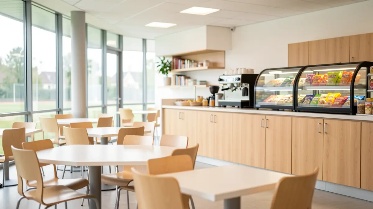 Generieke afbeelding van een moderne sportfaciliteit cafetaria met tafels, stoelen en een toonbank.