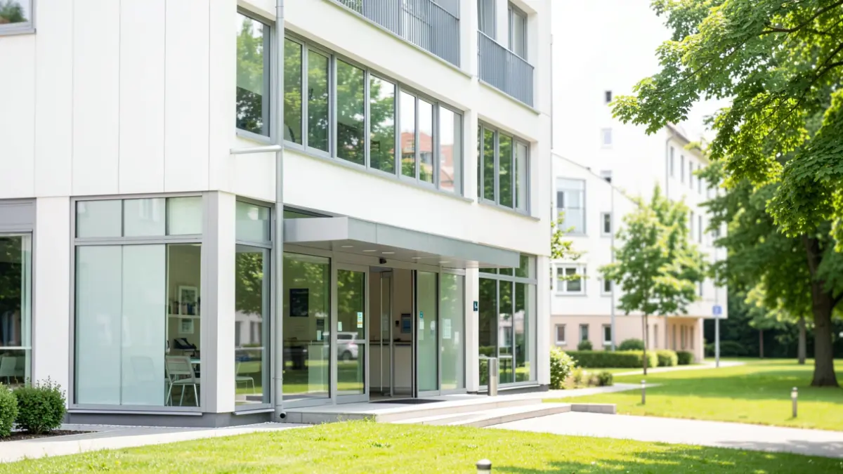 Generic image of a modern medical practice with large windows and a clear entrance, next to a green park, bright daylight.