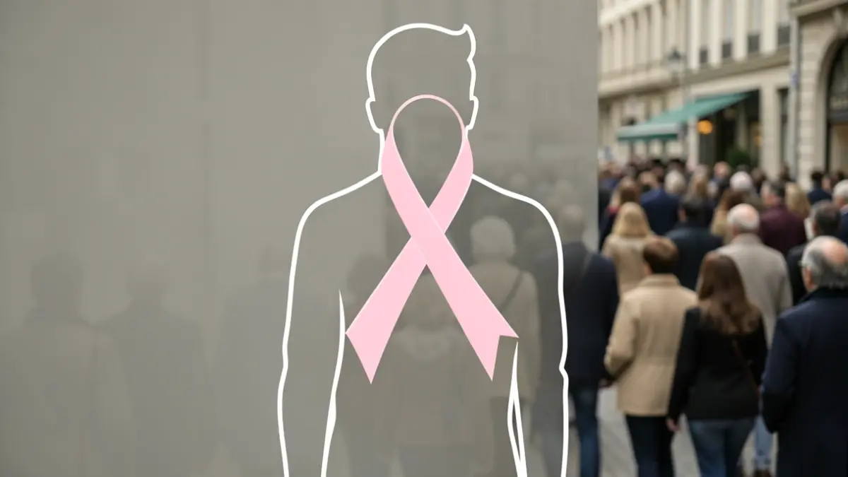 Symbolische afbeelding van bewustzijn rond borstkanker bij mannen, met een gestileerde mannelijke silhouet en een roze lint.