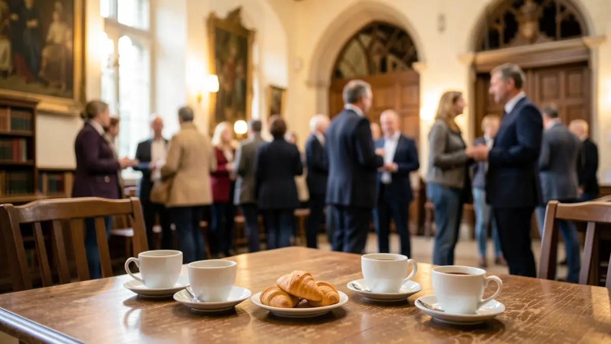 Generic image of a reception area in a town hall with coffee cups and pastries on a table. Blurred figures of people and building architecture in the background.