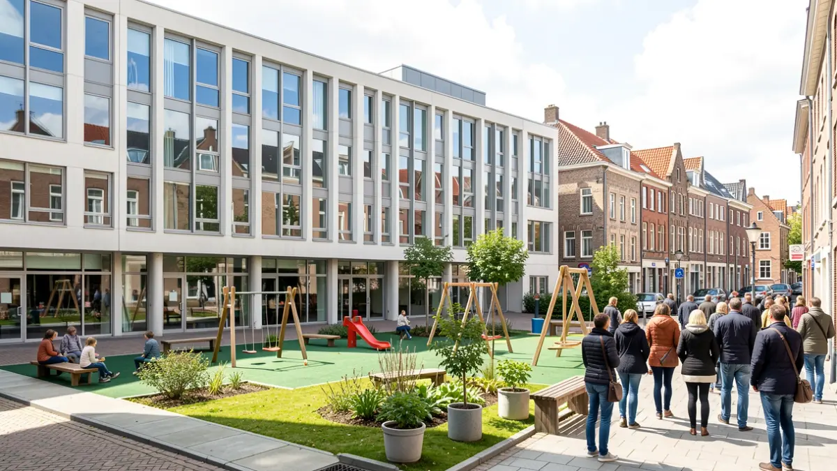 Modern educational building with play areas.