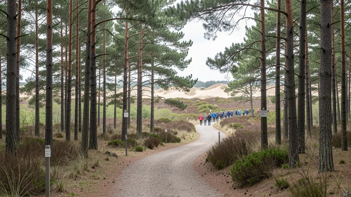 Een kronkelend wandelpad door een dicht pijnbomenbos in Vlaanderen, met heide en zandduinen. Zacht daglicht. Documentaire stijl.