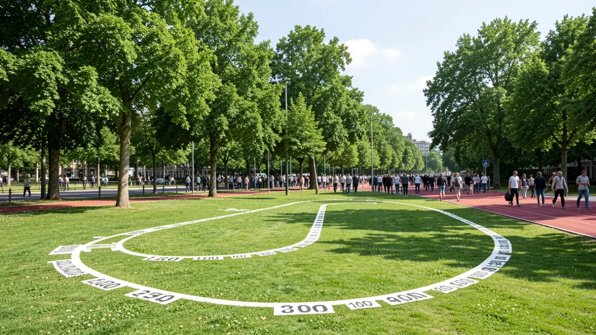 A marked 1km and 2.5km running loop in a park with trees, featuring 100-meter markers and an athletics track across the street.