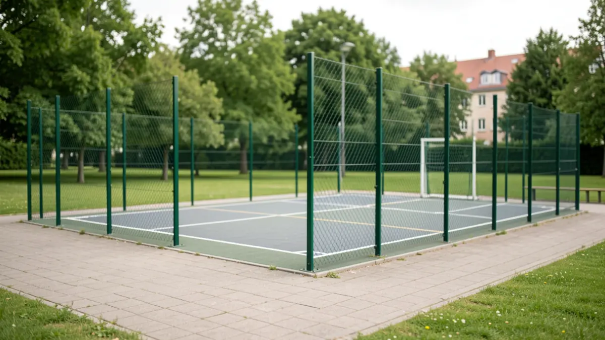 Een nieuwe multisportkooi op een bestaand sportpleintje, omringd door groen.
