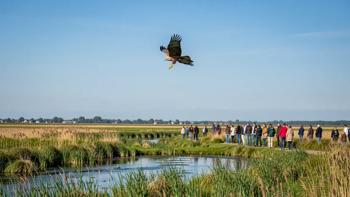 Een uitgestrekt wetlandlandschap met rietkragen en ondiep water, met een bruine kiekendief die hoog in de lucht vliegt boven het Vlaamse platteland.