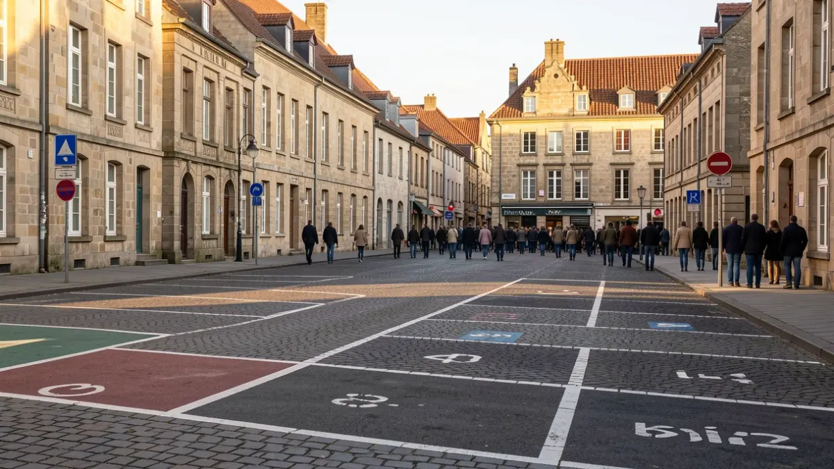 Generieke afbeelding van een plein met parkeermarkeringen in een Vlaamse stad, met historische gebouwen op de achtergrond en zacht namiddaglicht. Geen personen of voertuigen zichtbaar.