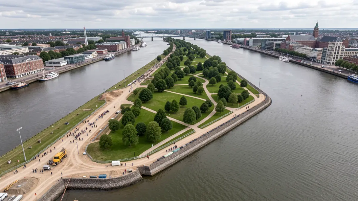Luchtfoto van de Antwerpse Scheldeoever met geplande groenzones en dijken.