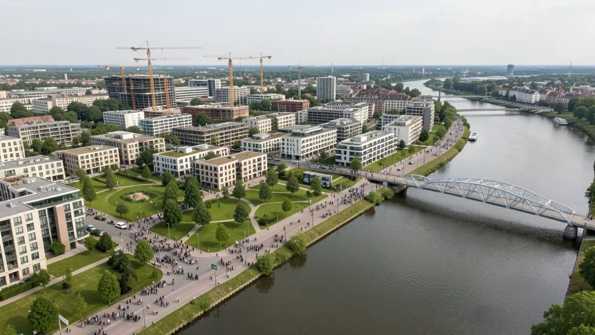 Nieuwe stadsontwikkeling aan de Koningin Fabiolalaan in Gent, met parken, woningen en een fietsbrug.