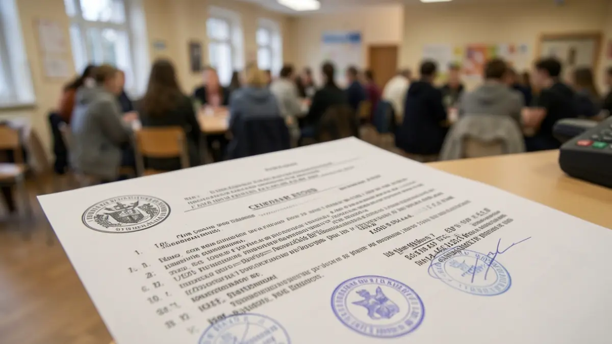 Generieke afbeelding van een officieel document met stempels en zegels, dat een uittreksel uit het strafregister voorstelt. Vaag interieur van een gemeenschapscentrum op de achtergrond.