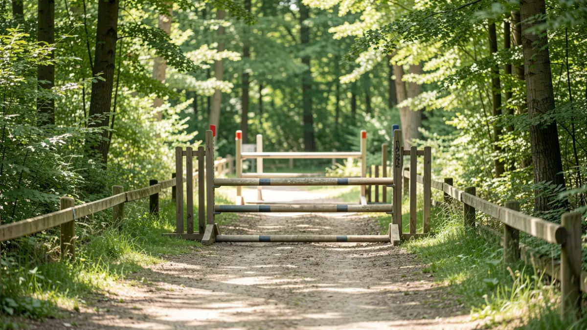 Generic image of an equestrian trail with wooden obstacles in a wooded area in Flanders.