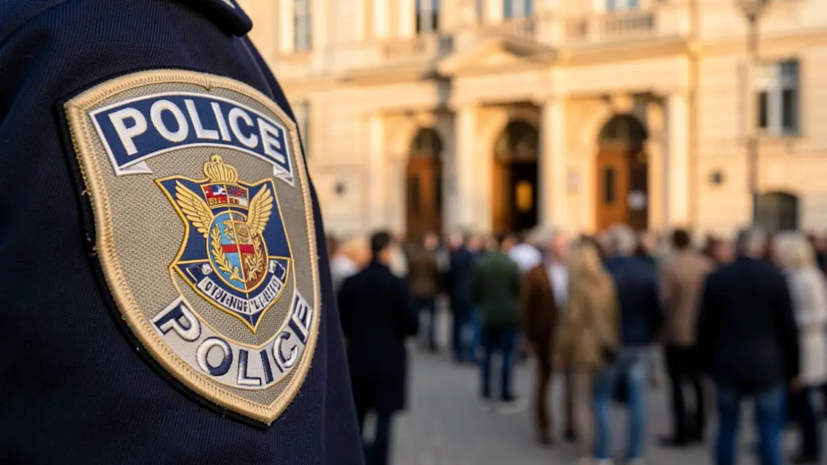 Generieke afbeelding van een politiebadge met op de achtergrond de vage gevel van een stadhuis.