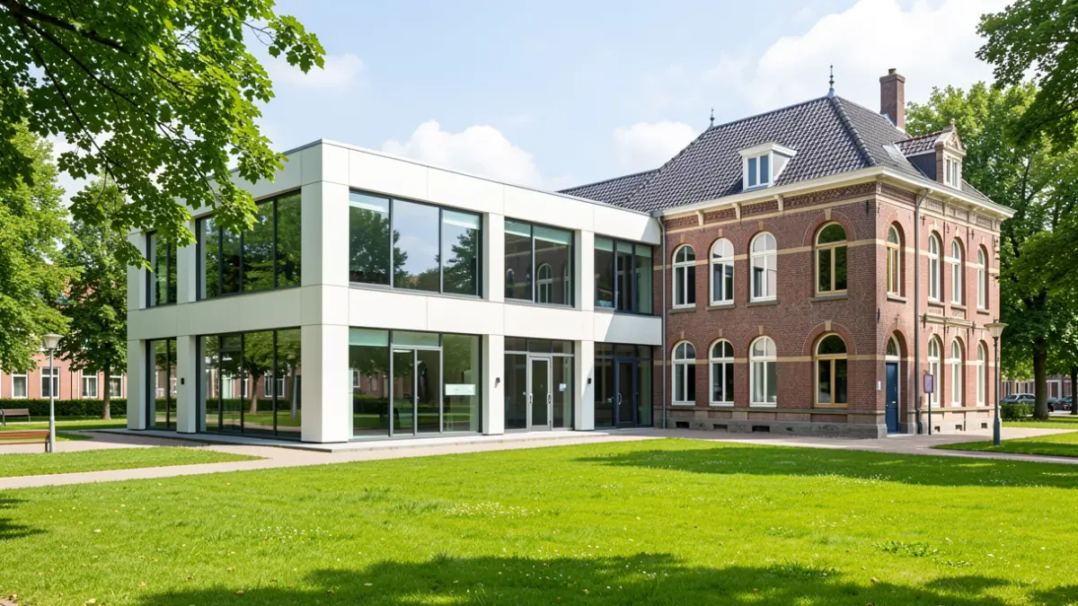 Moderne politiegebouw met historische vleugel en groenzones in Gent.
