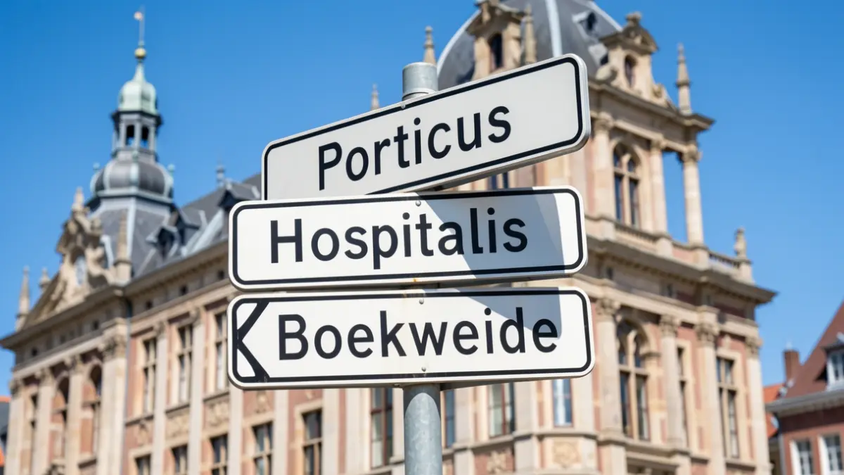 Street sign displaying the new street names Porticus, Hospitalis, and Boekweide in front of the Wemmel town hall.