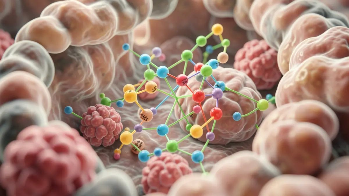 Generic image of a microscopic view of brain cells and tumor cells interacting, with specific lipid molecules being blocked. Soft, diffused lighting, scientific illustration style.