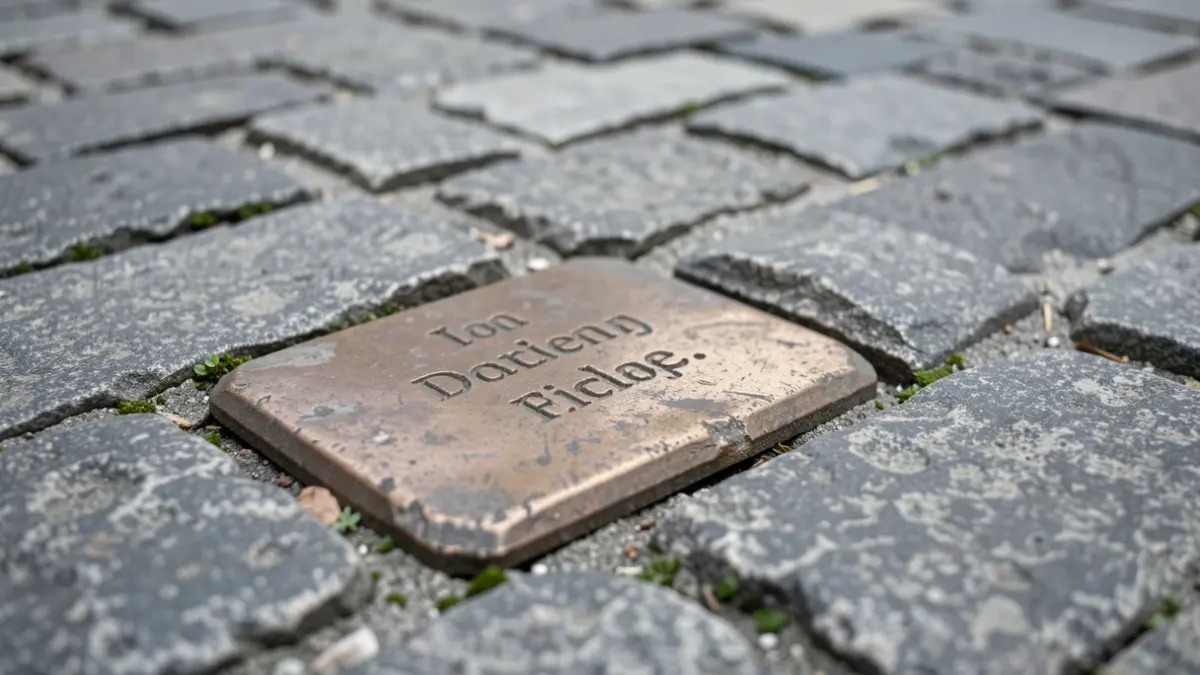 Generic image of a 'struikelsteen' (stumbling stone) in a Flemish urban setting.