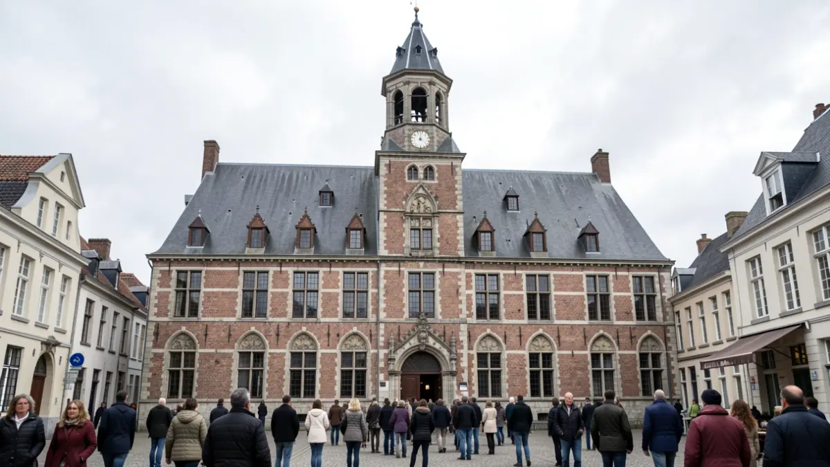 Generic image of the facade of a traditional Flemish town hall with a belfry, made of brick and stone, under a slightly overcast sky.