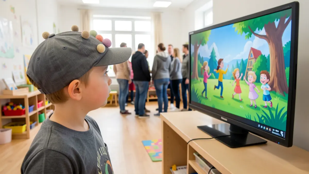 Generieke afbeelding van een kind dat een animatiefilm bekijkt met een speciale muts op, in een testruimte.