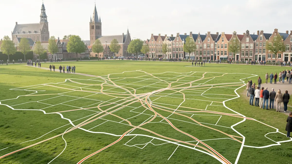 Conceptuele afbeelding van ruimtelijke planning en mobiliteit in Vlaanderen met kaarten en typische architectuur.