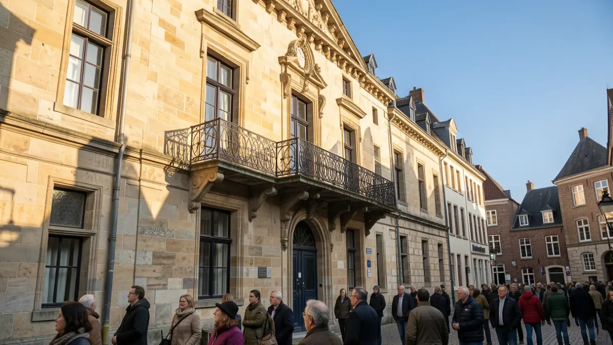 Generic image of the facade of a traditional stone town hall in Flanders with an ornate balcony and iron railings, bathed in warm afternoon sunlight casting long shadows on the sandstone walls, under a clear blue sky.