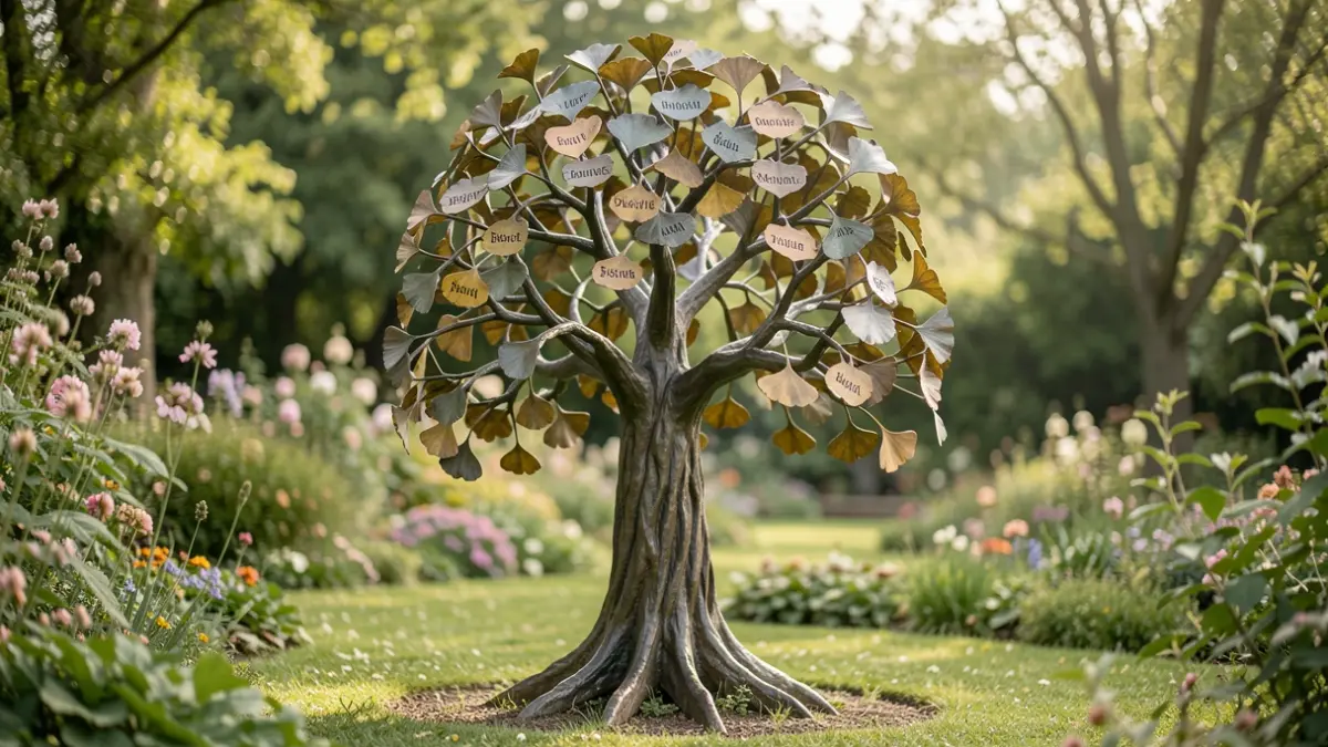 Generic image of a symbolic tree sculpture in a garden, with leaves representing names. The atmosphere is serene and peaceful.