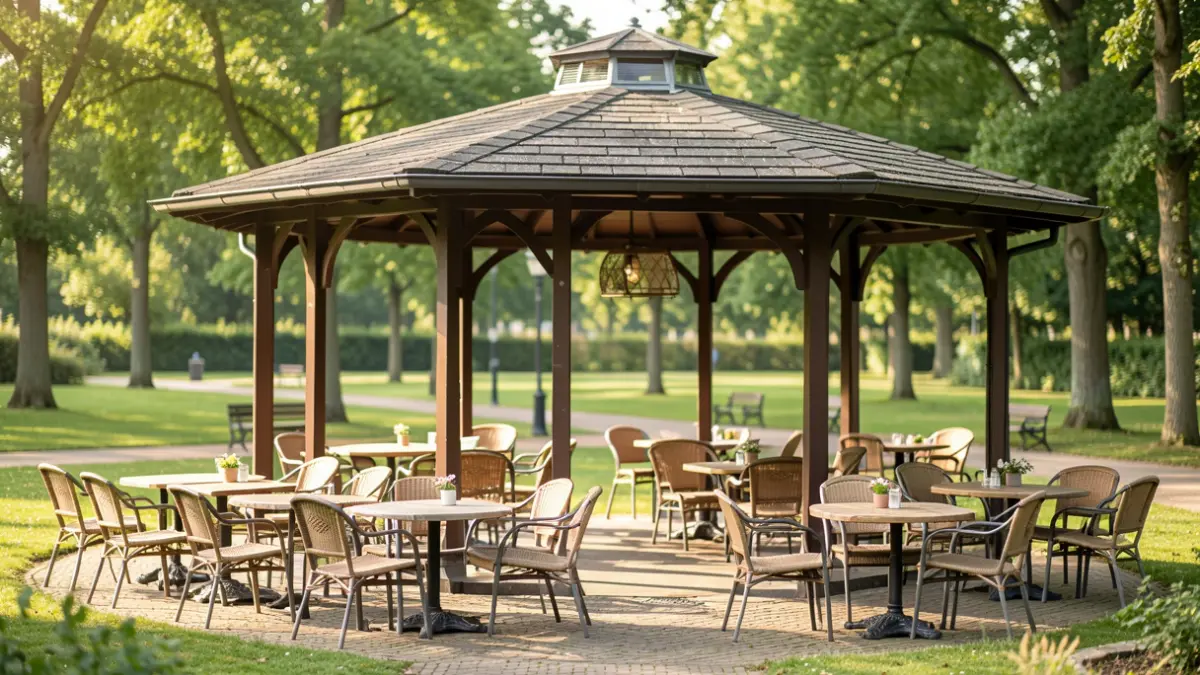 Generic image of an inviting cafe terrace in a green park, with empty tables and chairs, in soft afternoon light. The architecture is typically Flemish.