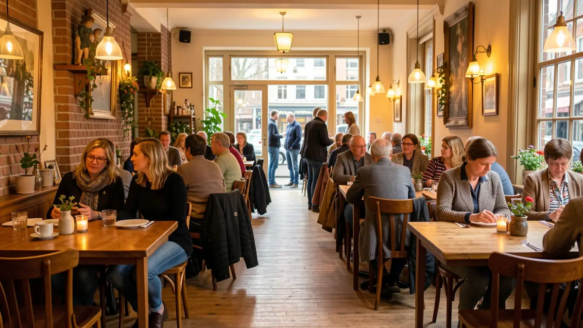 Generieke afbeelding van een gezellig en gastvrij café-interieur in Vlaanderen met warme verlichting en houten meubilair.