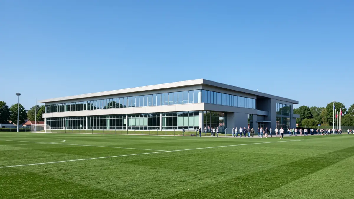 Generic image of a modern sports complex with large windows, surrounded by green fields under a clear blue sky.